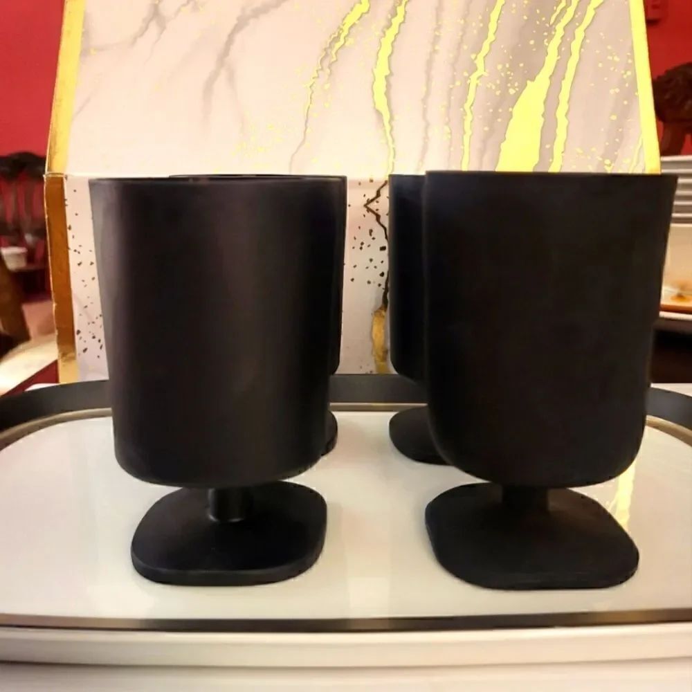 Vintage Pristine 1960s "Mod" Set Of 4 Matte Black Cocktail/Water 8 oz. Glasses